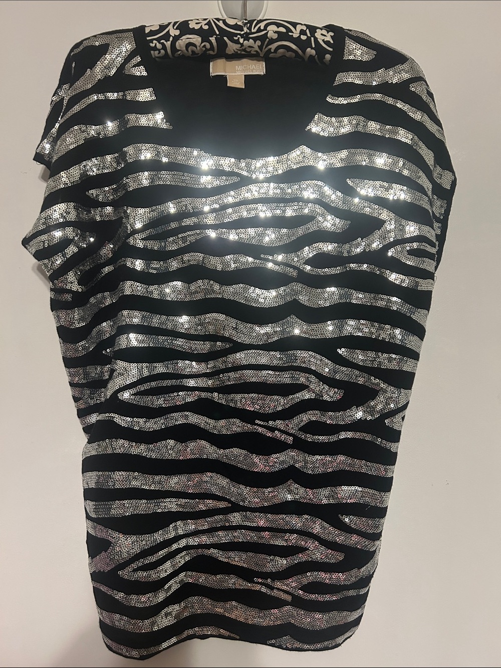 Michael Kors Black Top with Silver Sequin Zebra Stripes